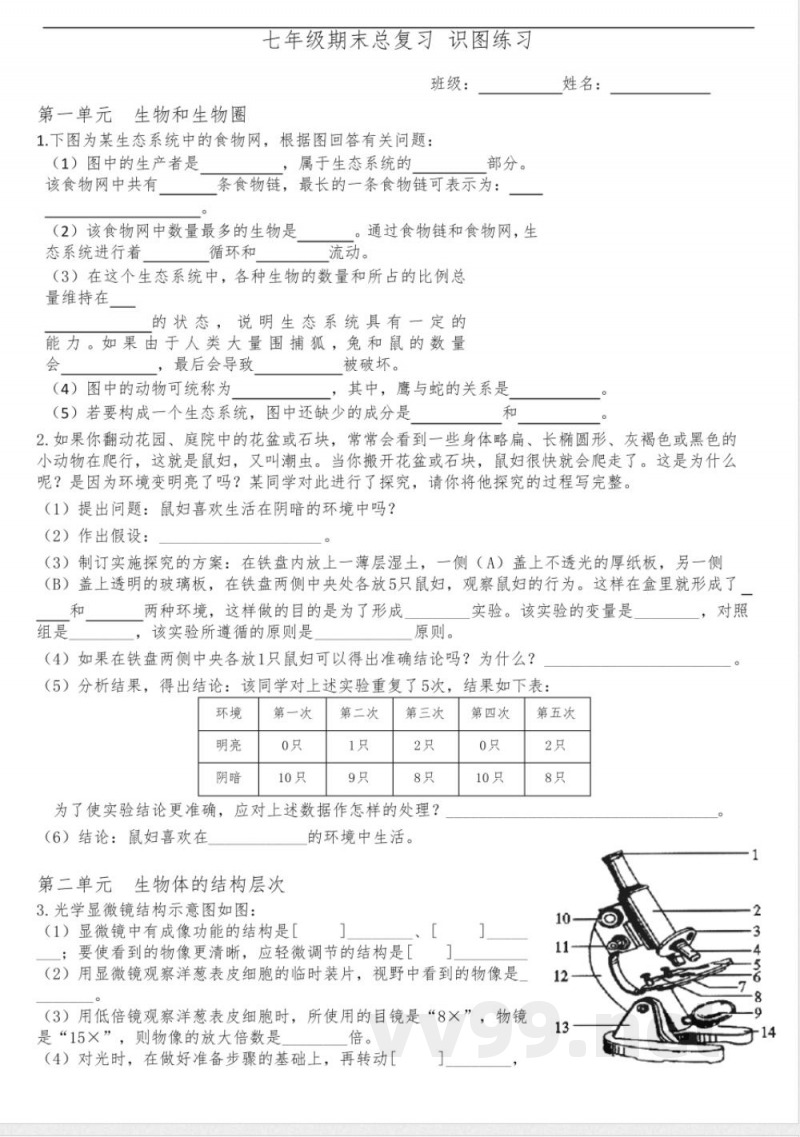 期末总复习识图练习 人教版生物七年级上册 期末总复习识图练习 人教版生物七年级上册