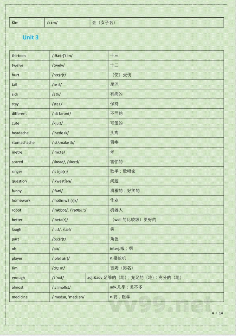 (冀教版)英语七年级上册单词表