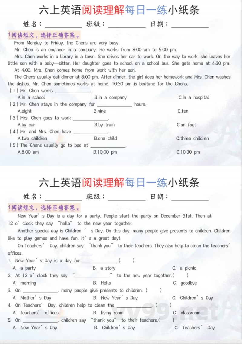 六年级上册英语阅读练习 六年级上册英语阅读练习