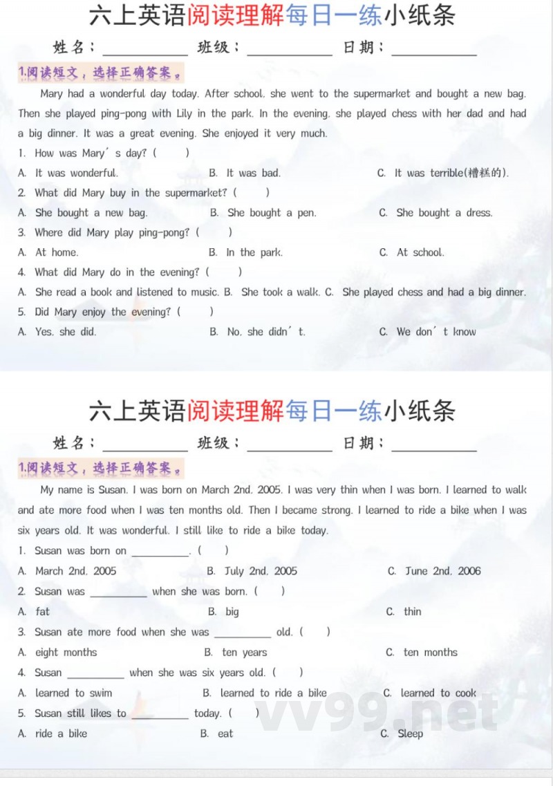 六年级上册英语阅读练习 六年级上册英语阅读练习