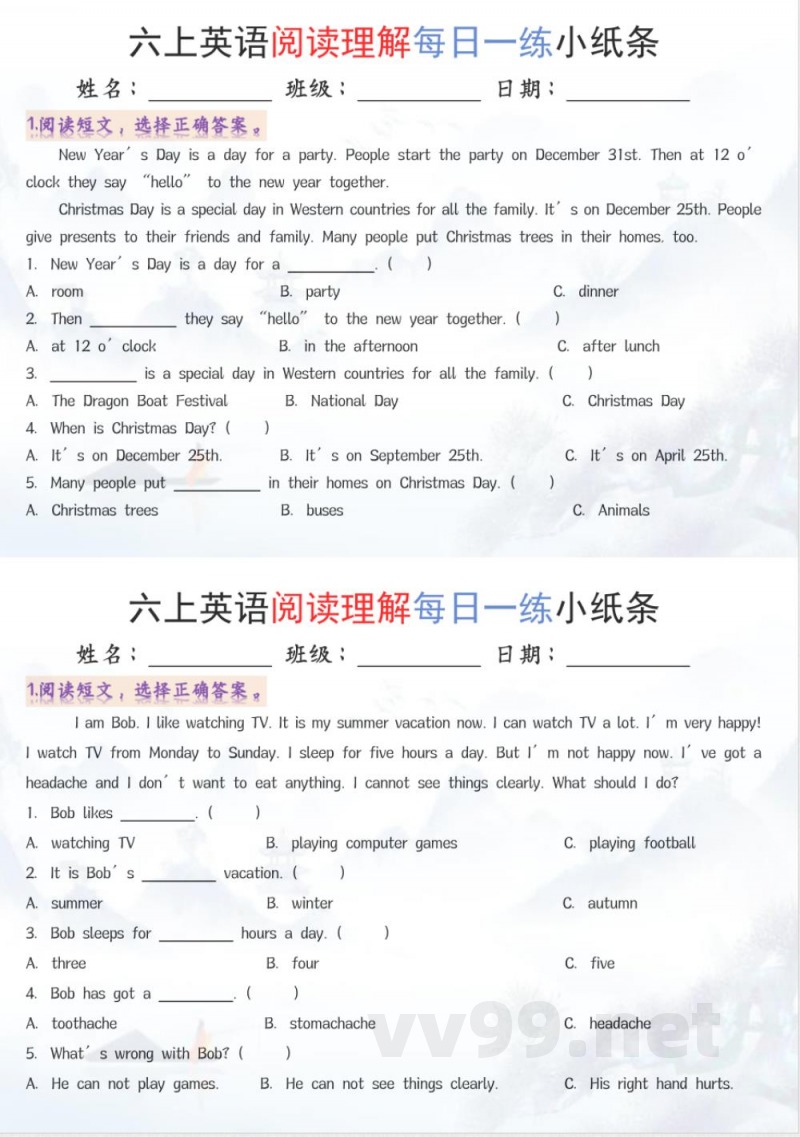 六年级上册英语阅读练习 六年级上册英语阅读练习