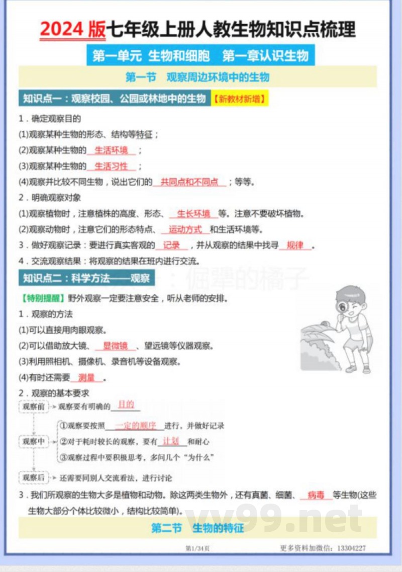 2024版七年级上册人教生物知识点梳理. 2024版七年级上册人教生物知识点梳理.