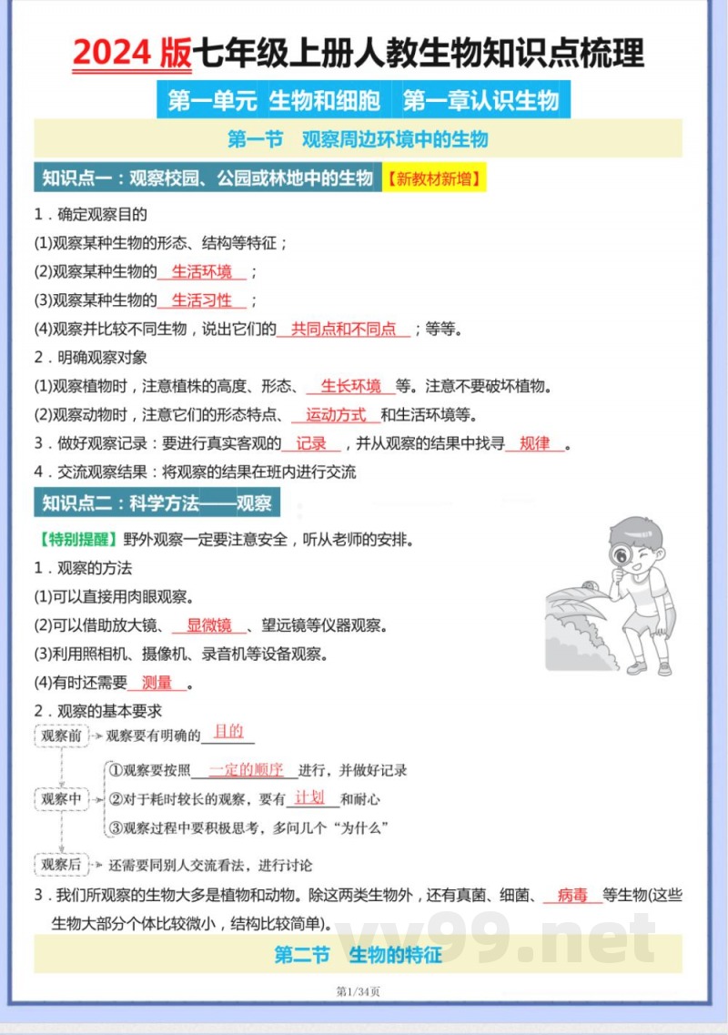 2024版七年级上册人教生物知识点梳理