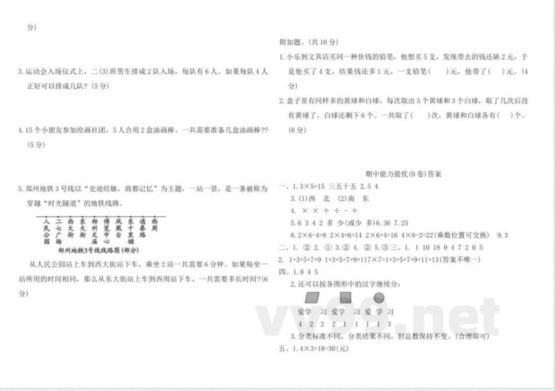 人教版二年级数学上册期中素养达标卷(B) 人教版二年级数学上册期中素养达标卷(B)