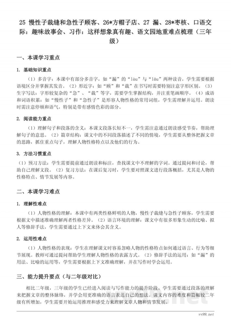 25 慢性子裁缝和急性子顾客、26*方帽子店、27 漏、28*枣核重难点梳理(三年级下册统编版) 25 慢性子裁缝和急性子顾客、26*方帽子店、27 漏、28*枣核重难点梳理(三年级下册统编版)