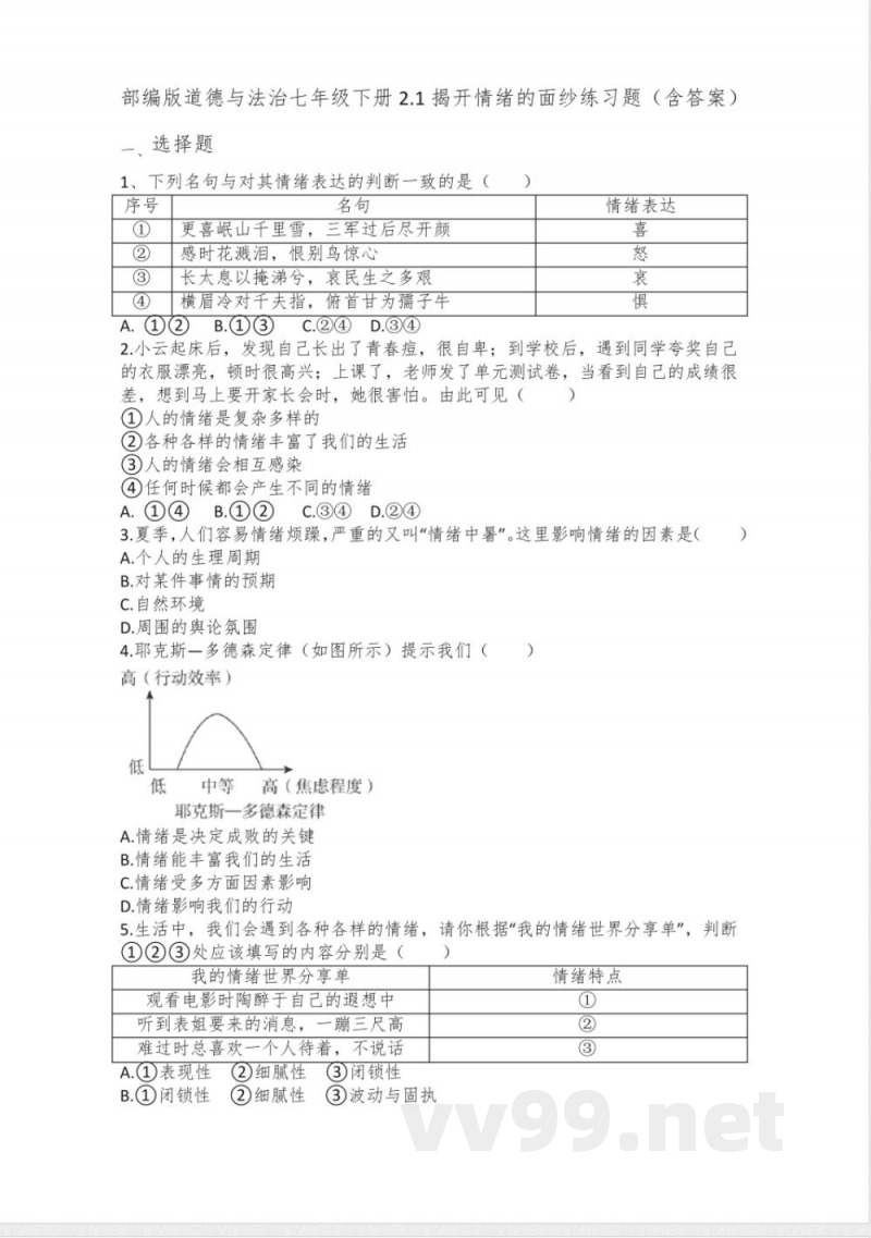 2.1 揭开情绪的面纱 同步练习- 2024-2025学年统编版道德与法治七年级下册 2.1 揭开情绪的面纱 同步练习- 2024-2025学年统编版道德与法治七年级下册