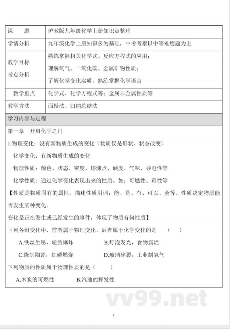 沪教版九年级化学上册知识点归纳整理 沪教版九年级化学上册知识点归纳整理