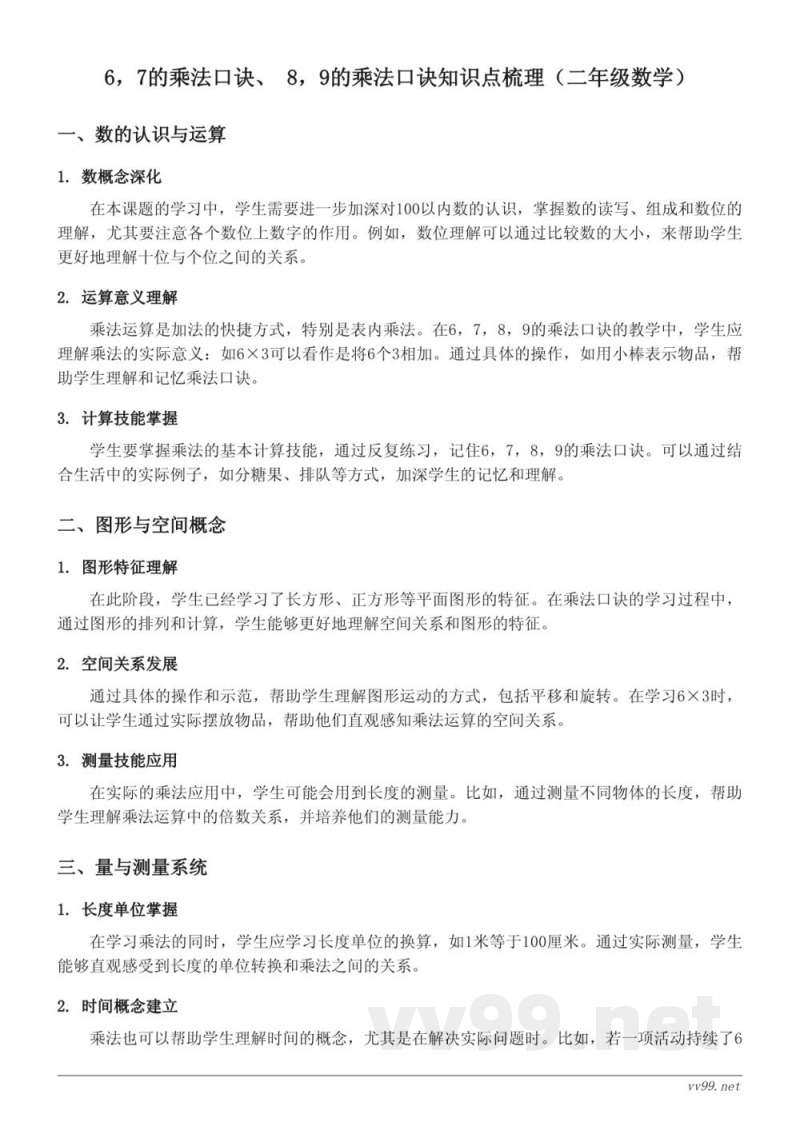 6,7的乘法口诀、8,9的乘法口诀知识点梳理(西师大版二年级上册) 6,7的乘法口诀、8,9的乘法口诀知识点梳理(西师大版二年级上册)