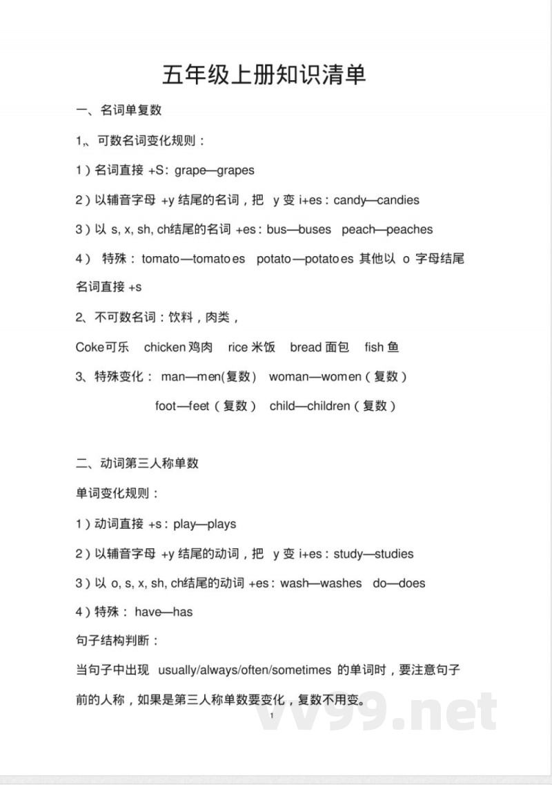 接力版五年级上册英语知识清单 接力版五年级上册英语知识清单