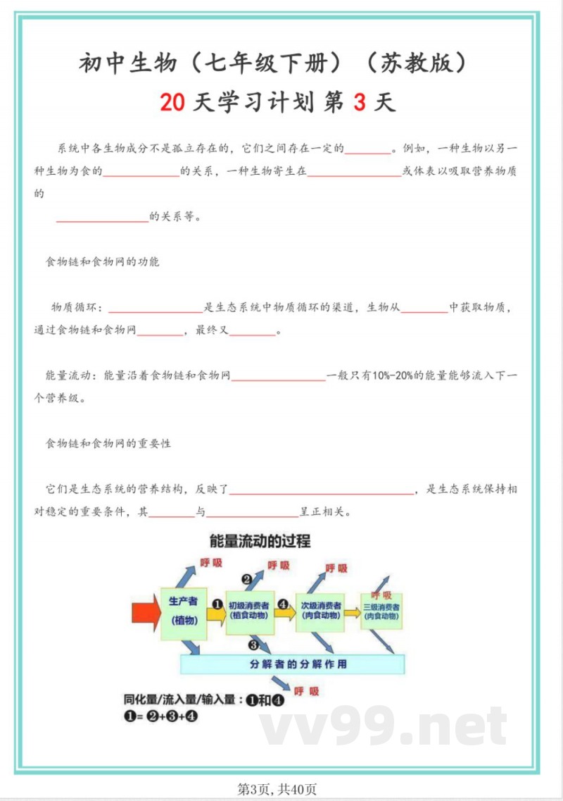 苏教版七年级下册生物20天计划