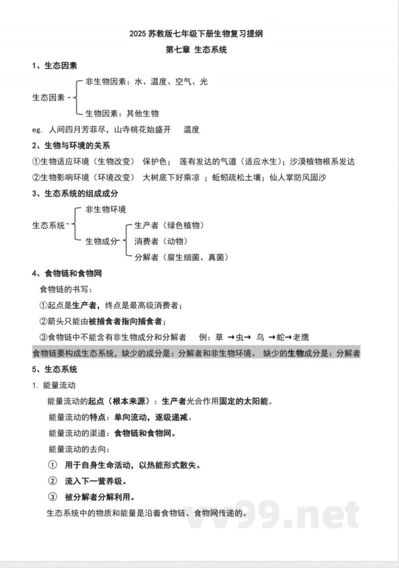 2025苏教版七年级下册生物复习提纲