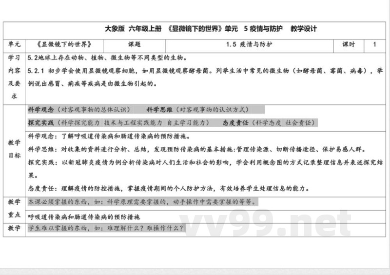 1.5 疫情与防护 教学设计 大象版科学六年级上册 1.5 疫情与防护 教学设计 大象版科学六年级上册
