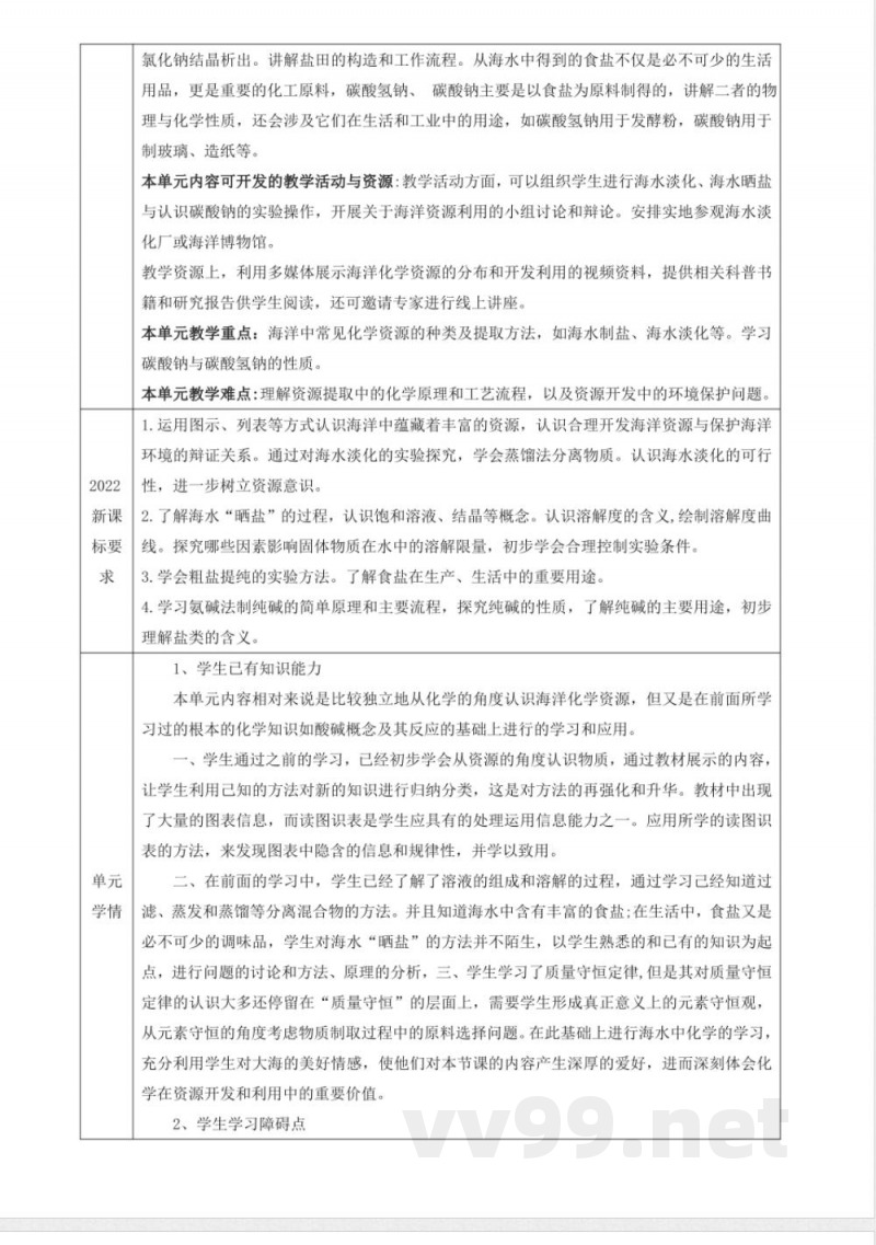 8.2 海水“晒盐” 大单元教学设计 鲁教版化学九年级下册 8.2 海水“晒盐” 大单元教学设计 鲁教版化学九年级下册