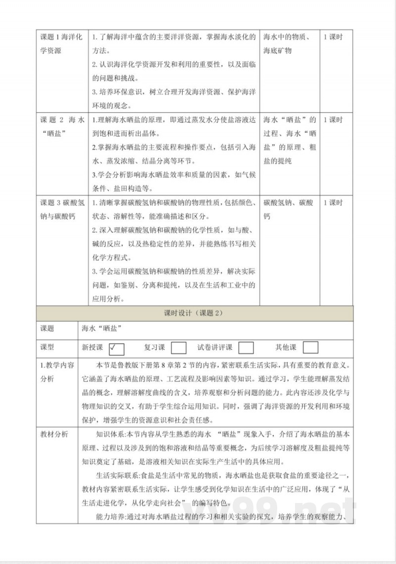 8.2 海水“晒盐” 大单元教学设计 鲁教版化学九年级下册 8.2 海水“晒盐” 大单元教学设计 鲁教版化学九年级下册