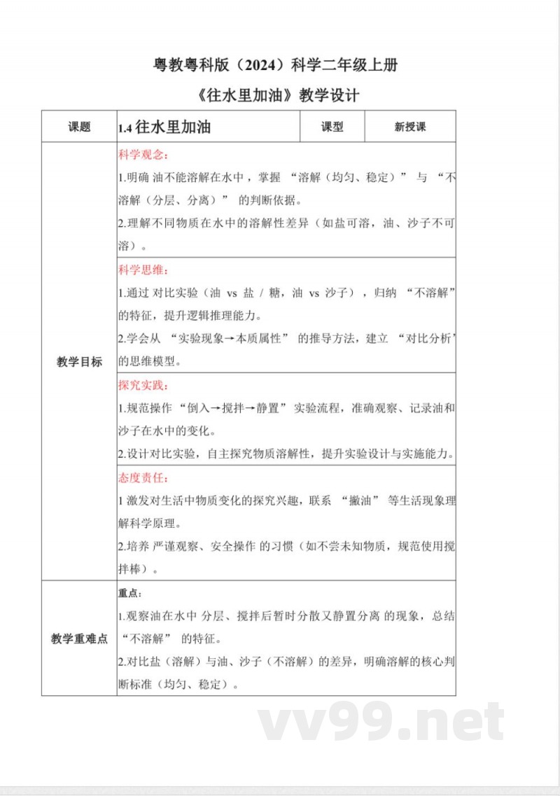 1.4 往水里加油（教学设计）科学粤教粤科版二年级上册（新教材）