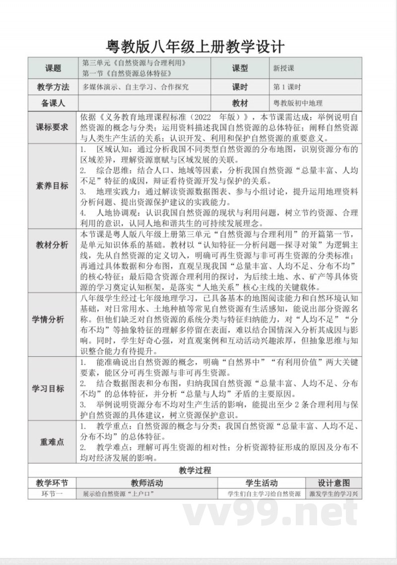 3.1自然资源总体特征（教学设计）地理粤人版2025八年级上册