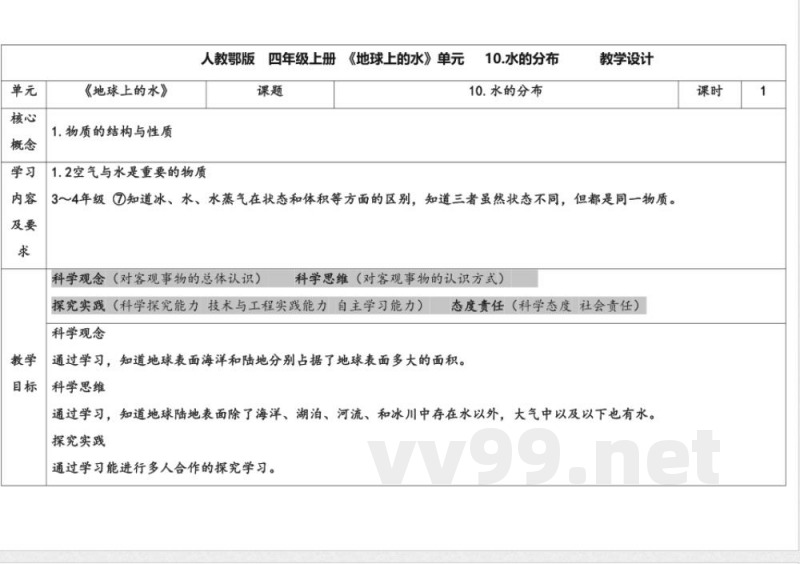 10.水的分布 教案 人教鄂教版科学四年级上册 10.水的分布 教案 人教鄂教版科学四年级上册