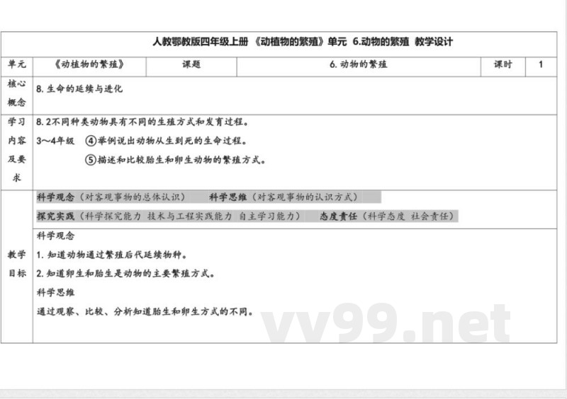 6.动物的繁殖 教案 人教鄂教版科学四年级上册
