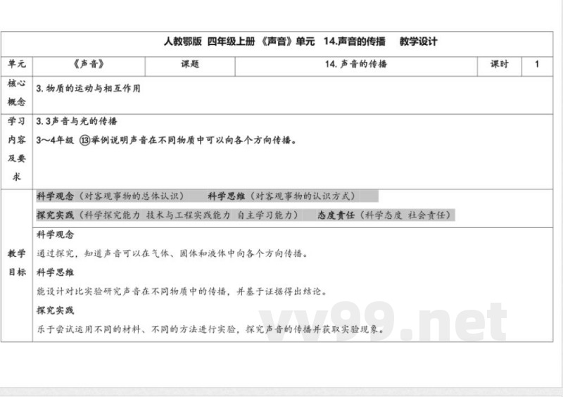 14.声音的传播 教案 人教鄂教版科学四年级上册 14.声音的传播 教案 人教鄂教版科学四年级上册