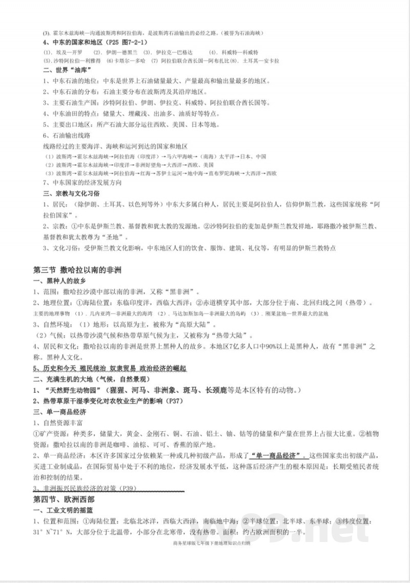 商务星球版七年级下册地理知识点归纳