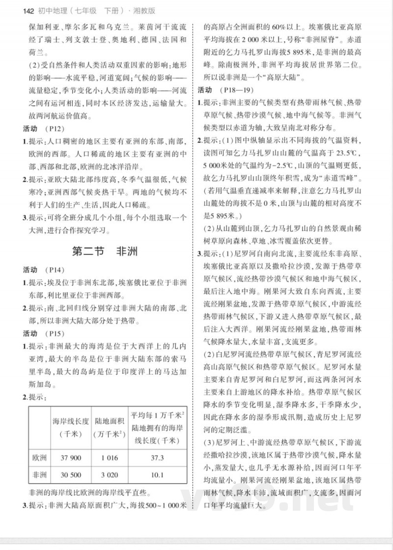 七年级下册地理教材练习答案（湘教版）