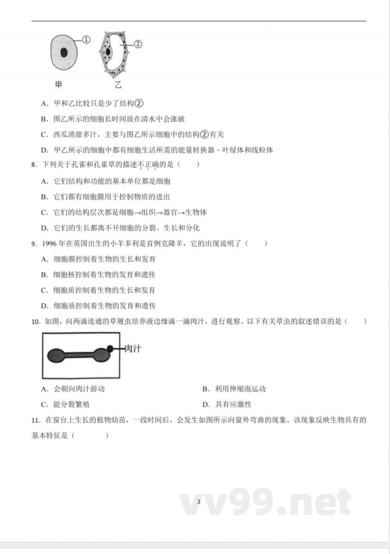 [七年级生物]人教版生物七年级上册期中考前训练卷
