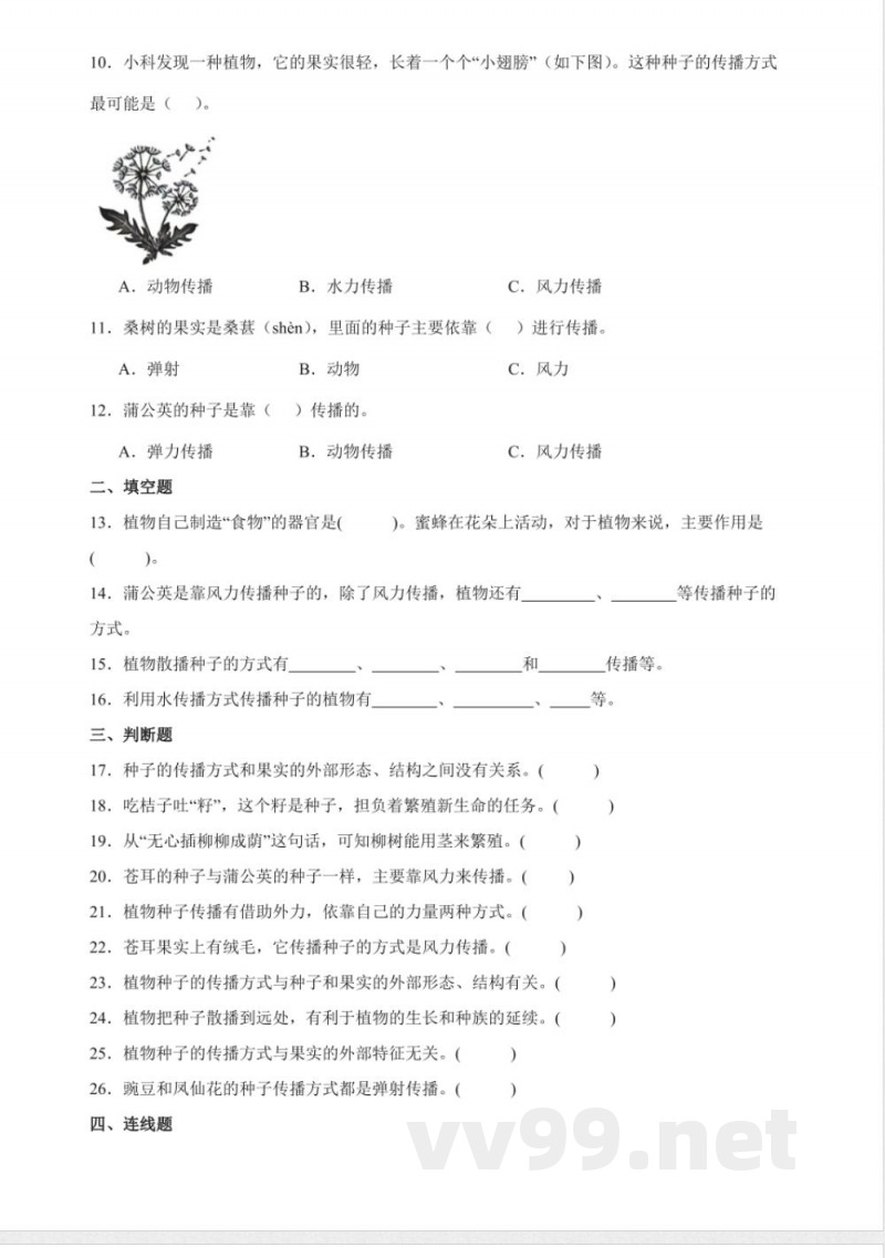 1.7 种子的传播 分层练习(含答案) 教科版科学四年级下册 1.7 种子的传播 分层练习(含答案) 教科版科学四年级下册