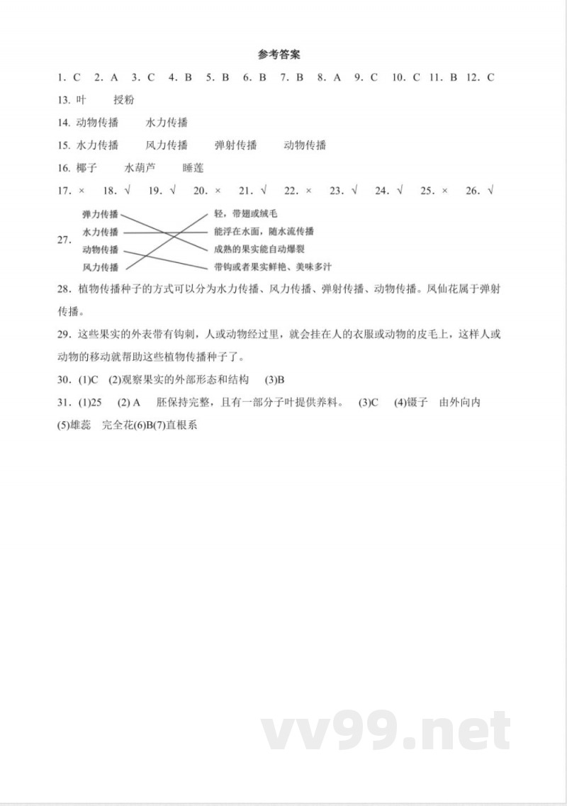 1.7 种子的传播 分层练习(含答案) 教科版科学四年级下册 1.7 种子的传播 分层练习(含答案) 教科版科学四年级下册