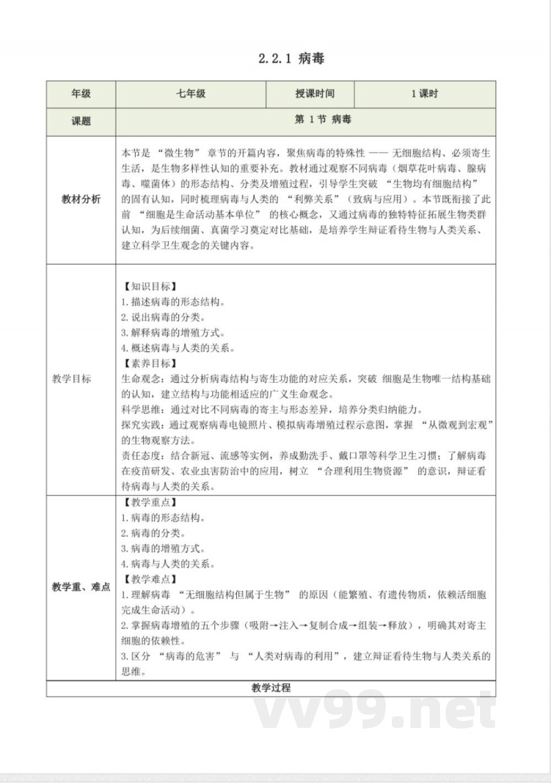 2.2.1 病毒（教学设计）生物冀少版2025七年级上册