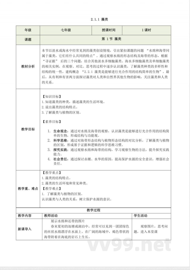 2.1.1 藻类(教学设计)生物冀少版2025七年级上册 2.1.1 藻类(教学设计)生物冀少版2025七年级上册