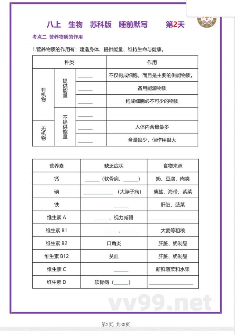 【25新苏科版】八年级上册生物早读晚默（空