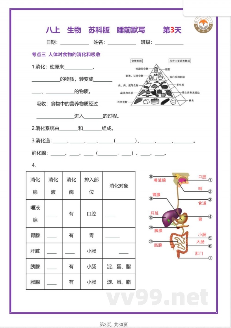 【25新苏科版】八年级上册生物早读晚默（空