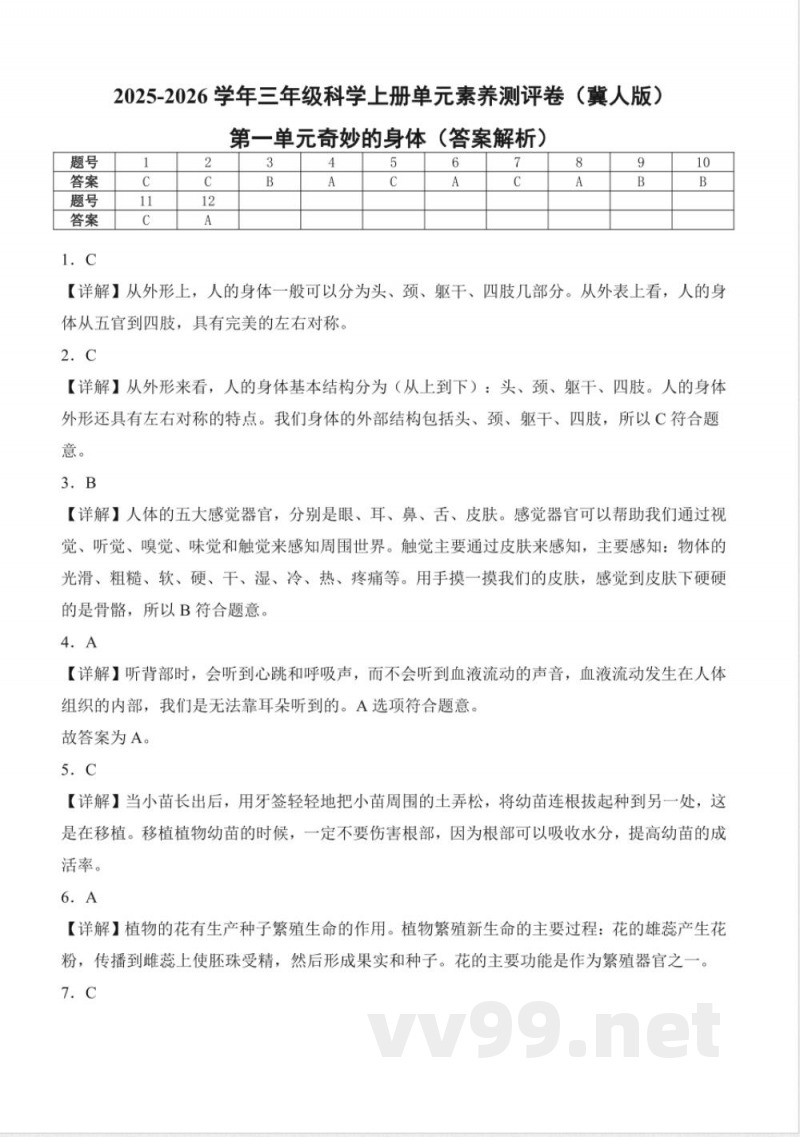 第一单元奇妙的身体(单元测试)科学科学冀人版三年级上册 A4版 第一单元奇妙的身体(单元测试)科学科学冀人版三年级上册 A4版