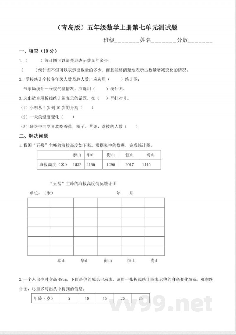 青岛版五年级数学上册第七单元测试题