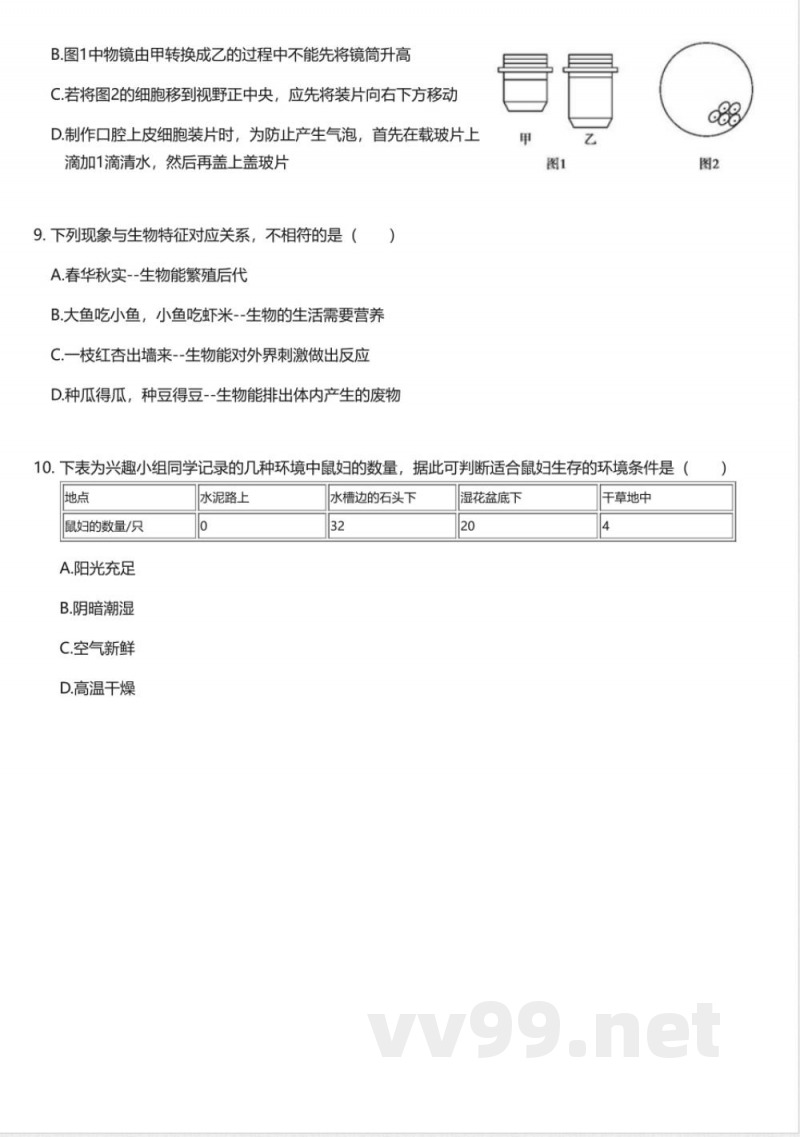 鲁科版（2024版）初中生物六年级上册期中测试卷