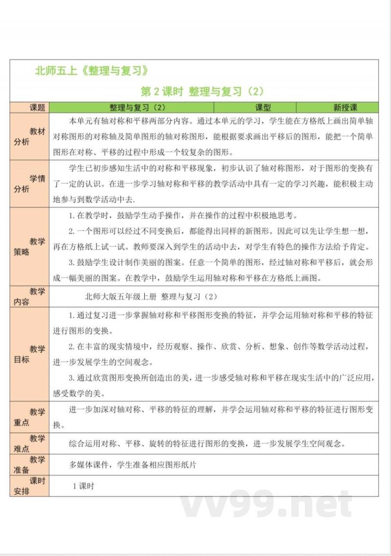 整理与复习 单元教学设计 北师大版数学五年级上册