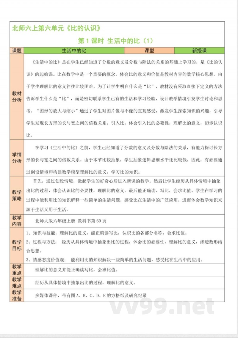 第六单元 比的认识 单元教学设计 北师大版数学六年级上册 第六单元 比的认识 单元教学设计 北师大版数学六年级上册