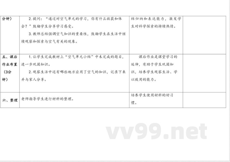 空气单元小结教学设计表格式 苏教版科学一年级下册 空气单元小结教学设计表格式 苏教版科学一年级下册