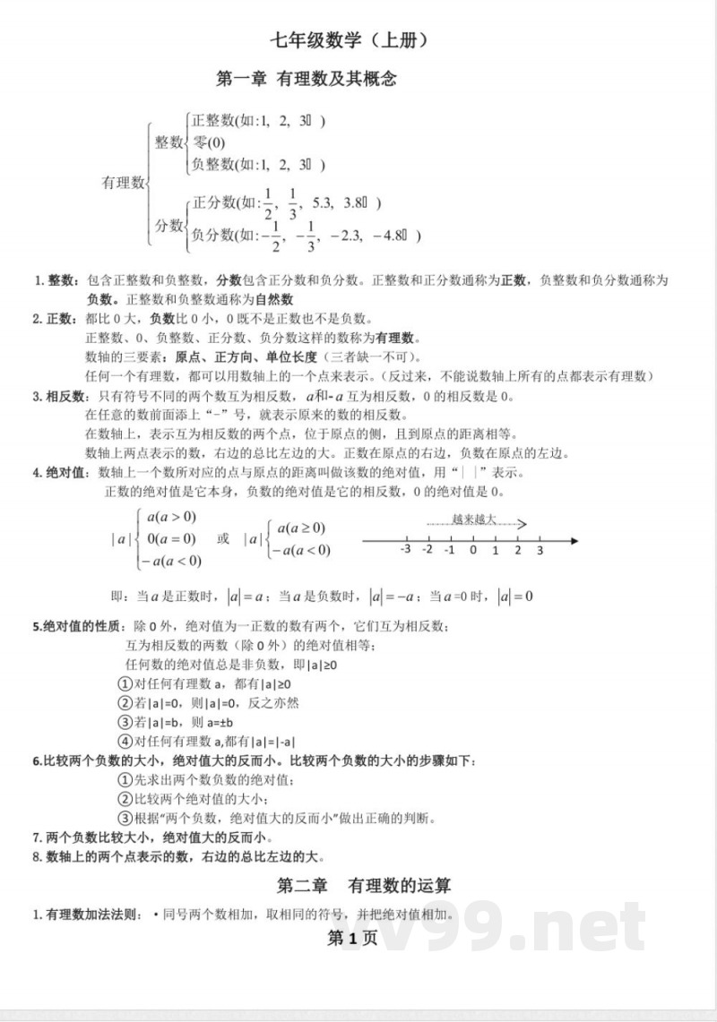 数学七年级上知识点总结 数学七年级上知识点总结